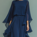 Merja - Merensininen chiffon-setti kauniilla rypytyksillä